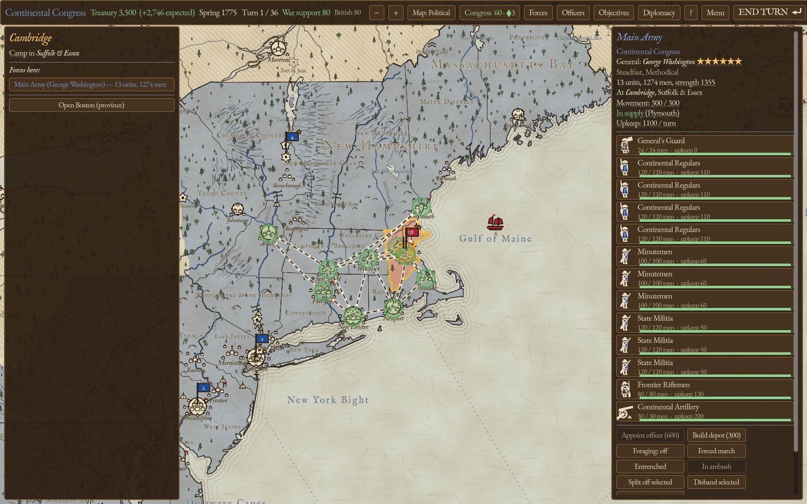 Campaign map of New England in spring 1775, with Washington's Main Army selected at Cambridge and its regiments listed.